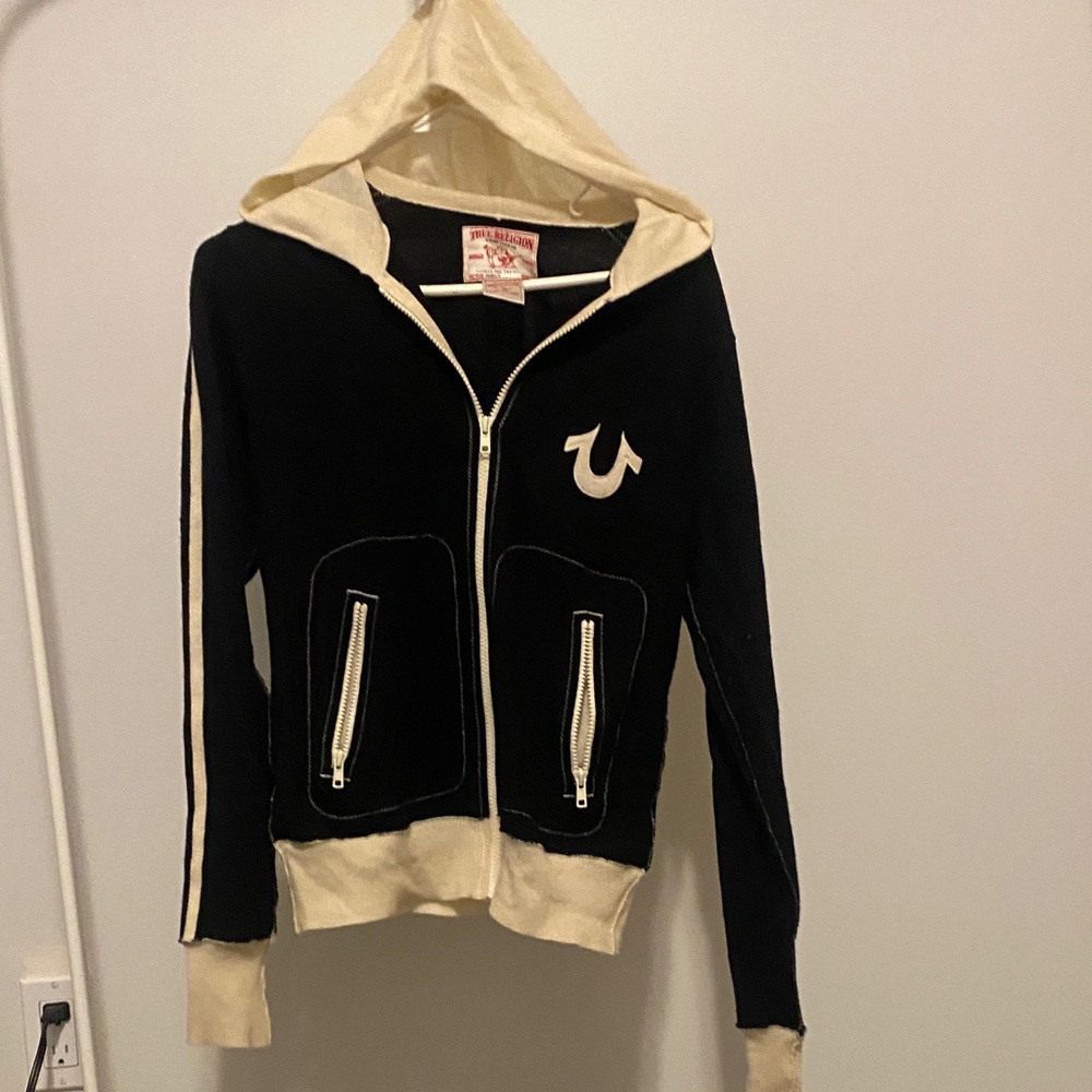 True Religion Black and Cream Hoodie